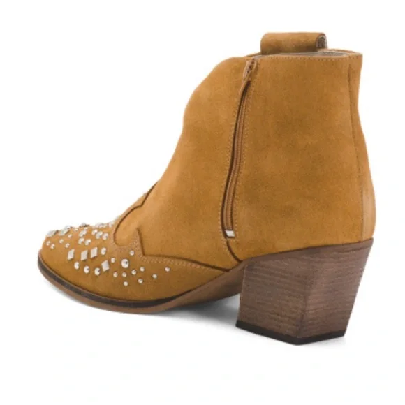 Deabused Suede Studded Western Pointed Toe Side Zip Cognac Ankle Boots 7.5, 8.5 - Picture 2 of 3